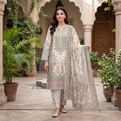 3 Piece Printed Unstitched Lawn Suit – Sage Green Floral | Premium Summer Collection