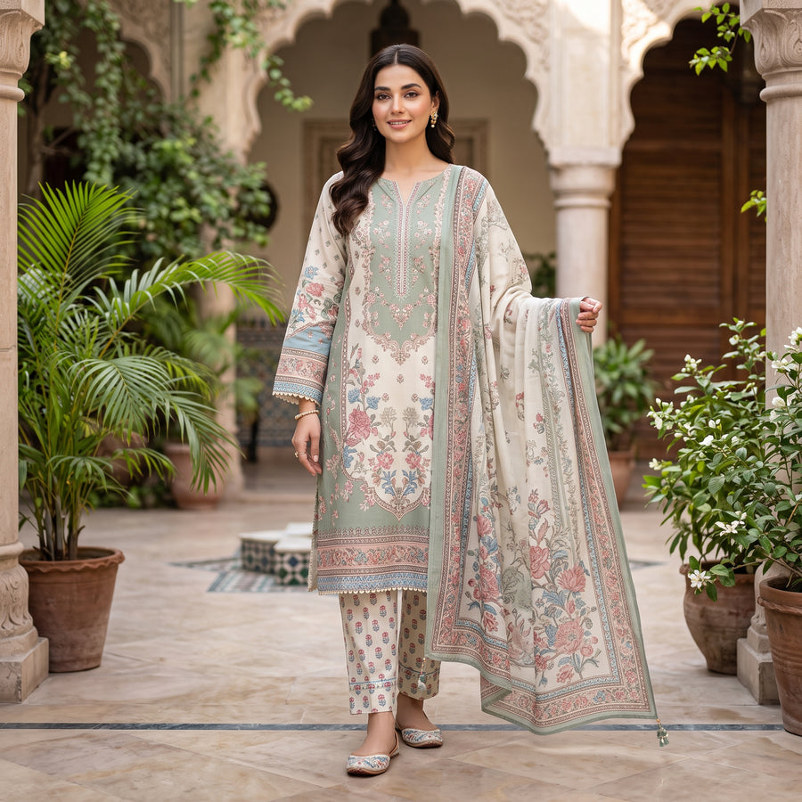 3 Piece Printed Unstitched Lawn Suit – Sage Green Floral | Premium Summer Collection