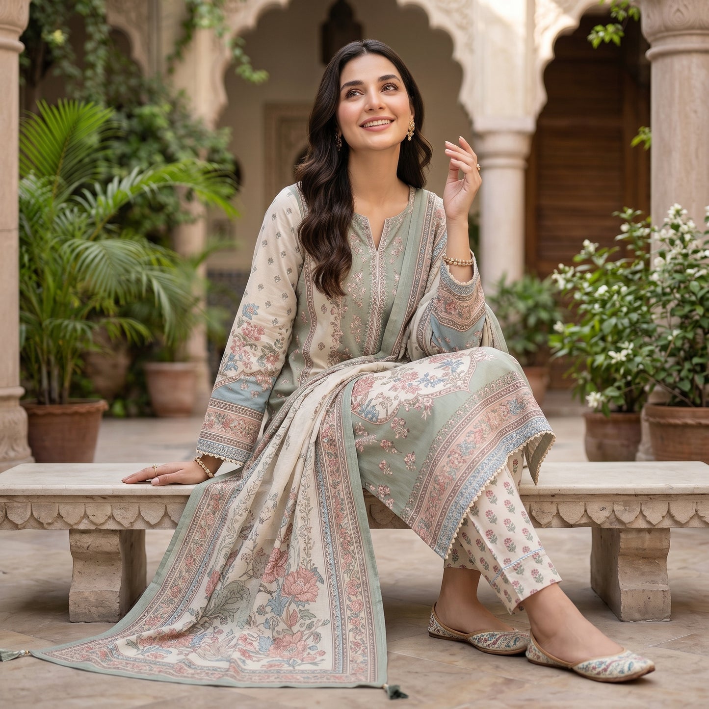 3 Piece Printed Unstitched Lawn Suit – Sage Green Floral | Premium Summer Collection