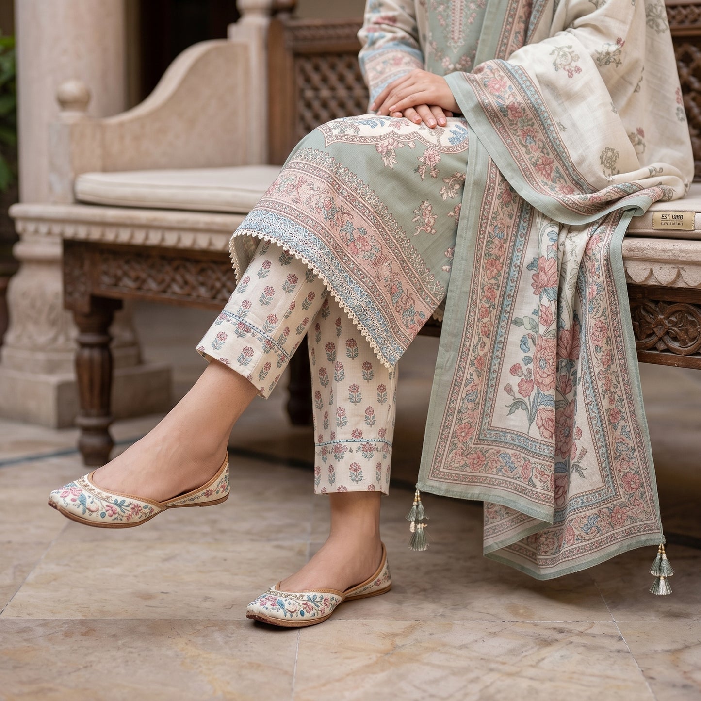 3 Piece Printed Unstitched Lawn Suit – Sage Green Floral | Premium Summer Collection