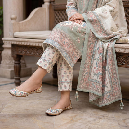 3 Piece Printed Unstitched Lawn Suit – Sage Green Floral | Premium Summer Collection