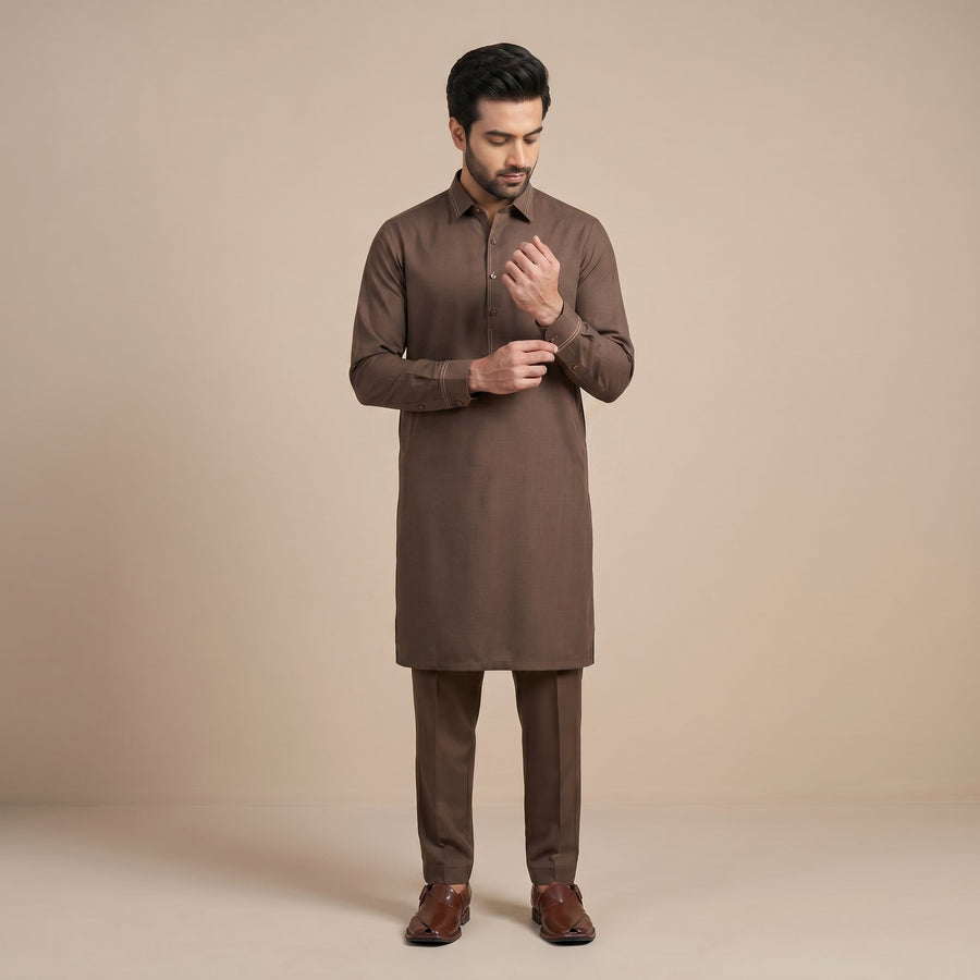 BROWN SEMI-FORMAL KAMEEZ SHALWAR