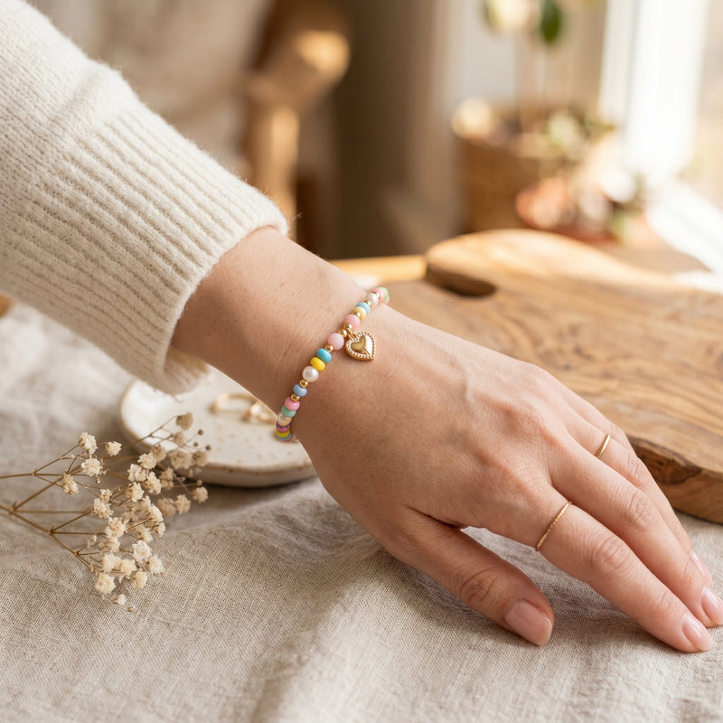 Korean Bead Bracelet with Mini Heart Charm – Cute Handmade Fashion Jewelry Gift for Girls & Women